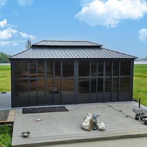 12ft. X20ft.Sunroom Hardtop Gazebo Solarium Galvanized Steel Double Roof Aluminum Screen House Patio Deck Backyard Gray