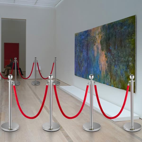 Velvet Rope Stanchion 4 Pack Red Velvet Rope Barriers 38 in. Stainless Steel Crowd Control Barrier Queue Line, Silver