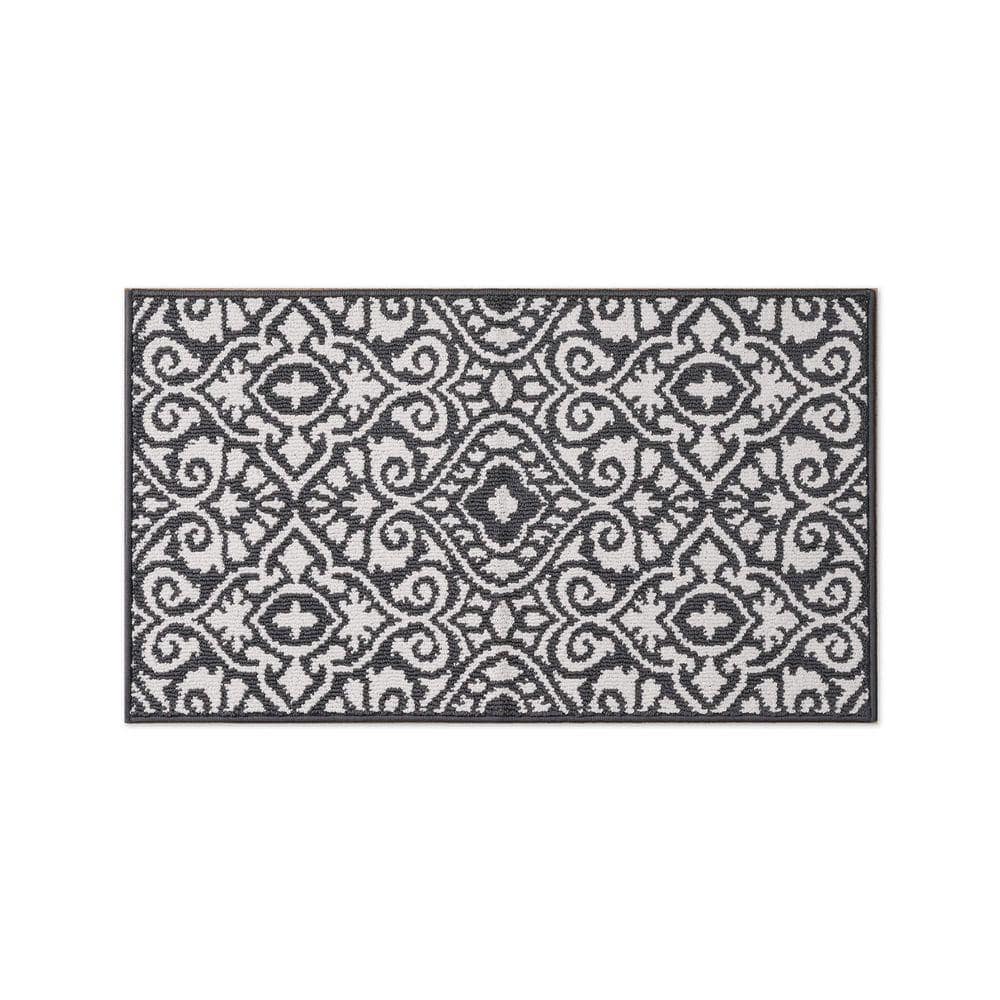 Laura Ashley Washable Skid-Resistant Dark Grey/Ivory 2 ft. x 4 ft