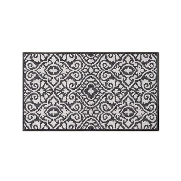 Washable Skid-Resistant Dark Grey/Ivory 2 ft. x 4 ft. All Loop Tufted Area Rug