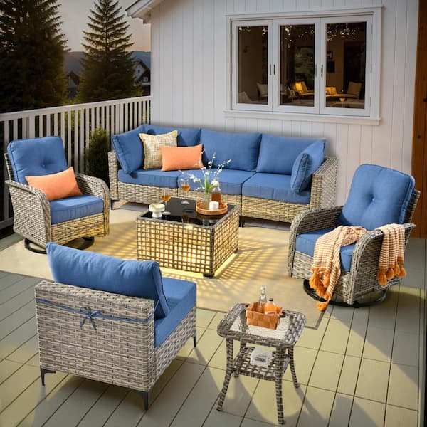 OVIOS Vinceny Gray 8-Piece Wicker Patio Conversation Set with Diamond Blue Cushions and Swivel Chairs
