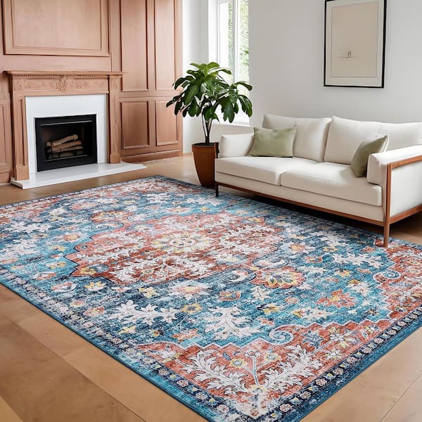 Ultra Thin Washable Blue 8 ft. x 10 ft. Vintage Printed Carpet Foldable Indoor Decorative Carpet Area Rug