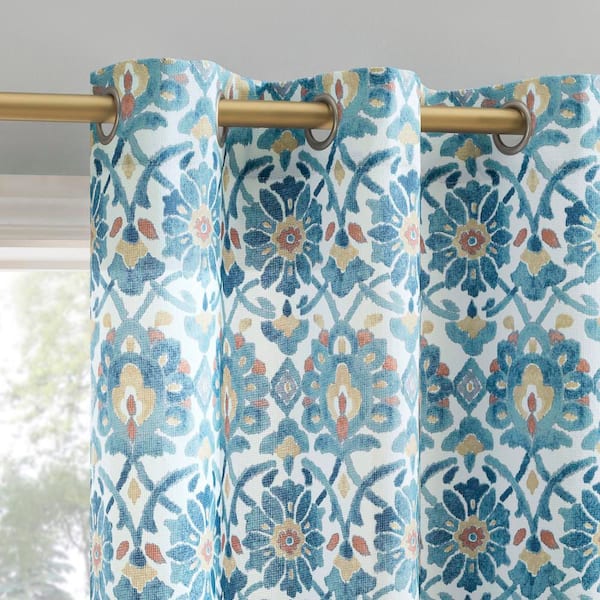 Hastings Watercolor Medallion Denim Blue Semi-Sheer 40 in. W x 63 in. L Grommet Light Filtering Curtain (Single Panel)