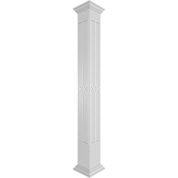 Ekena Millwork 11-5/8 in. x 8 ft. Premium Square Non-Tapered Cedar Park Fretwork PVC Column Wrap Kit with Crown Capital and Base
