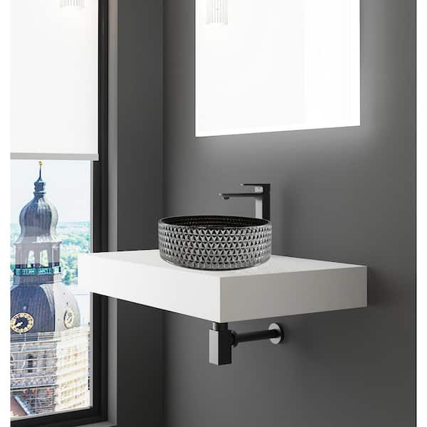 30 in. Wall Mounted Bathroom Countertop Shelf in White Solid Surface with Silver Round Glass Vessel Sink