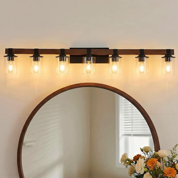 50 in. 7 Light Matte Black + Wood Color Vanity Light Fixture Bathroom Over Mirror Wall Lights with Clear Glass Shade