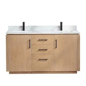 San 60 in.W x 22 in.D x 33.8 in.H Double Sink Bath Vanity in Fir Wood Brown with White Composite Stone Top