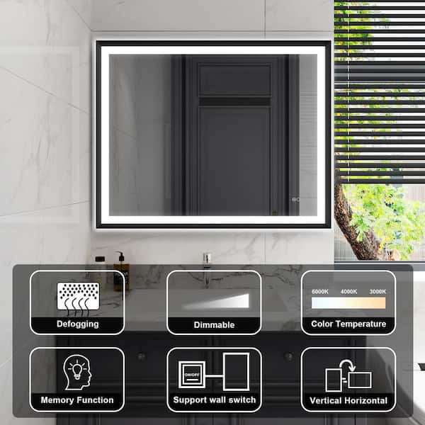 LUKY 40 in W x 32 in. H Rectangular Single Aluminum Framed Anti-Fog LED Light Wall Bathroom Vanity Mirror in Matte Black