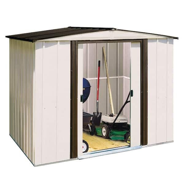 Arrow Newport 8 ft. W x 6 ft. D 2-Tone Eggshell and Coffee Galvanized Metal Shed with Sliding Lockable Doors