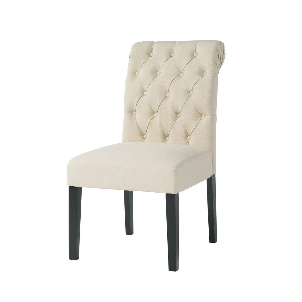 Set of 2 Ivory Broxton Tufted Dining Chairs, Rolltop Design, Wooden Legs, P