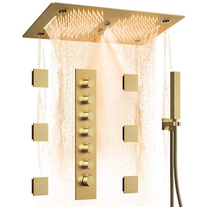 6-Spray 16 in. x 28 in. Dual Shower Head LED Ceiling Mount Fixed and Handheld Shower Head 2.5 GPM in Brushed Gold