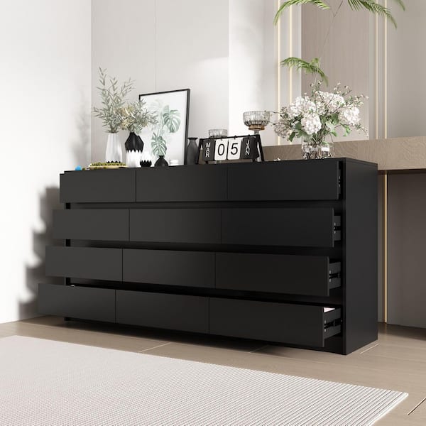 Black 12 Drawers 63 in. W x 32 in. H Wooden Dresser without Mirror, Chest of Drawer, Storage Cabinet for Bedroom Storage