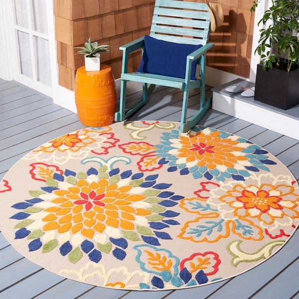 Cabana Ivory/Orange 10 ft. x 10 ft. Floral Abstract Indoor/Outdoor Round Area Rug