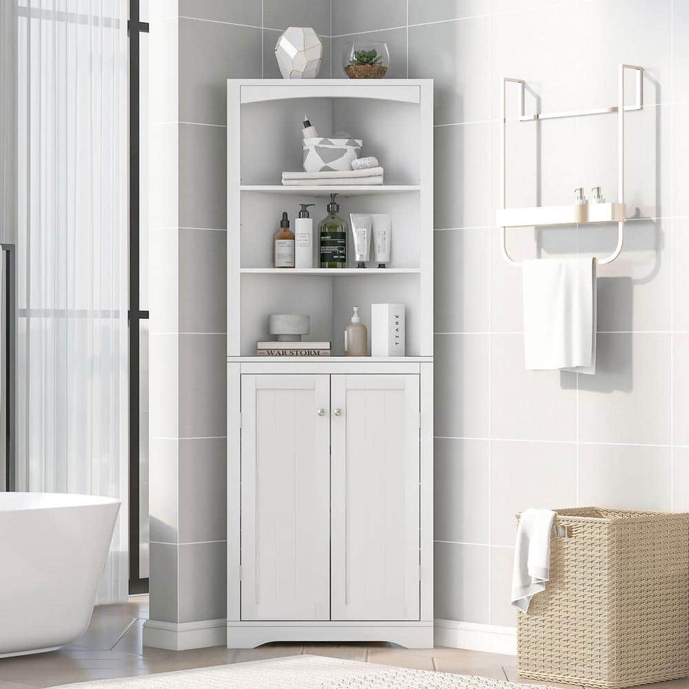 24 in. W x 13 in. D x 64 in. H White Wood Freestanding Linen Cabinet with A