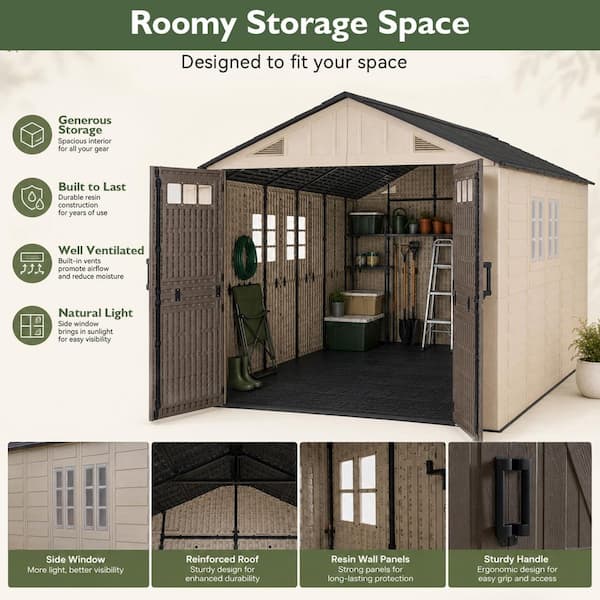 Sizzim 8 ft. W x 12 ft. D Outdoor Gray Resin Storage Plastic Shed