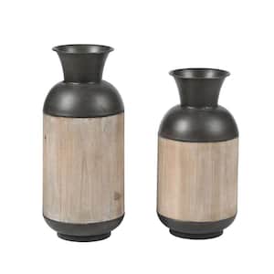 2-Piece Iron and Wood Vase Set