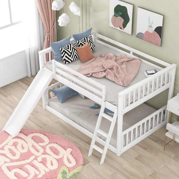 URTR White Full Over Full Bunk Bed with Convertible Slide and Ladder, Wooden Low Bunk Bed Frame for Kids, Toddlers, Teens