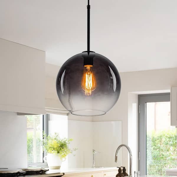 Aero Globe 1-Light Black Gray Moderne Pendant with Smoked Seeded Glass Shade