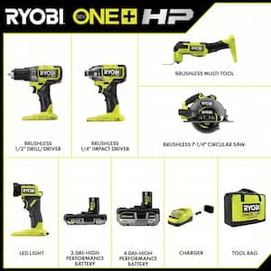 ONE+ HP 18V Brushless Cordless 5-Tool Combo Kit with 4.0 Ah and 2.0 Ah HIGH PERFORMANCE Batteries, Charger, and Bag