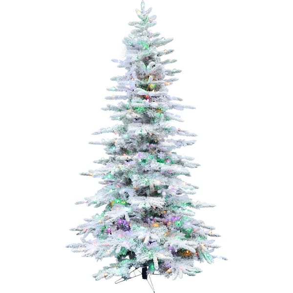 Fraser Hill Farm 7.5-ft. Pre-Lit Mountain Pine Snow Flocked Artificial Christmas Tree, Multi-Color LED Lights