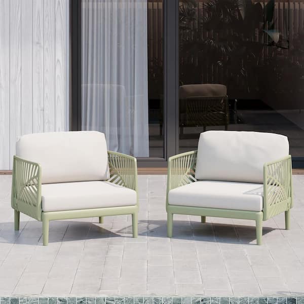 Frond and Form Outdoor Patio Green Deep Seating Poly Plastic All Weather Club Chair w/ Ivory Cushions (Set of 2)