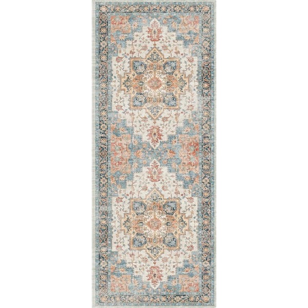 Limlok Medallion Blue Orange Mocha 2 ft. x 7 ft. Persian Area Rug