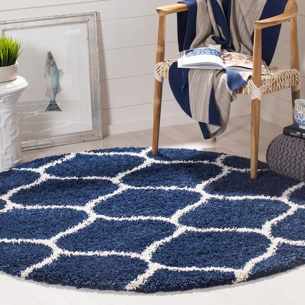 Hudson Shag Navy/Ivory 9 ft. x 9 ft. Round Trellis Geometric Area Rug