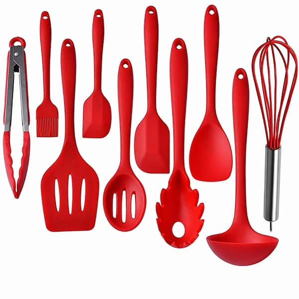 10-Piece Red Silicone Kitchen Utensil Set, BPA-Free Heat-Resistant One-Piece Cooking Tools with Solid Coating