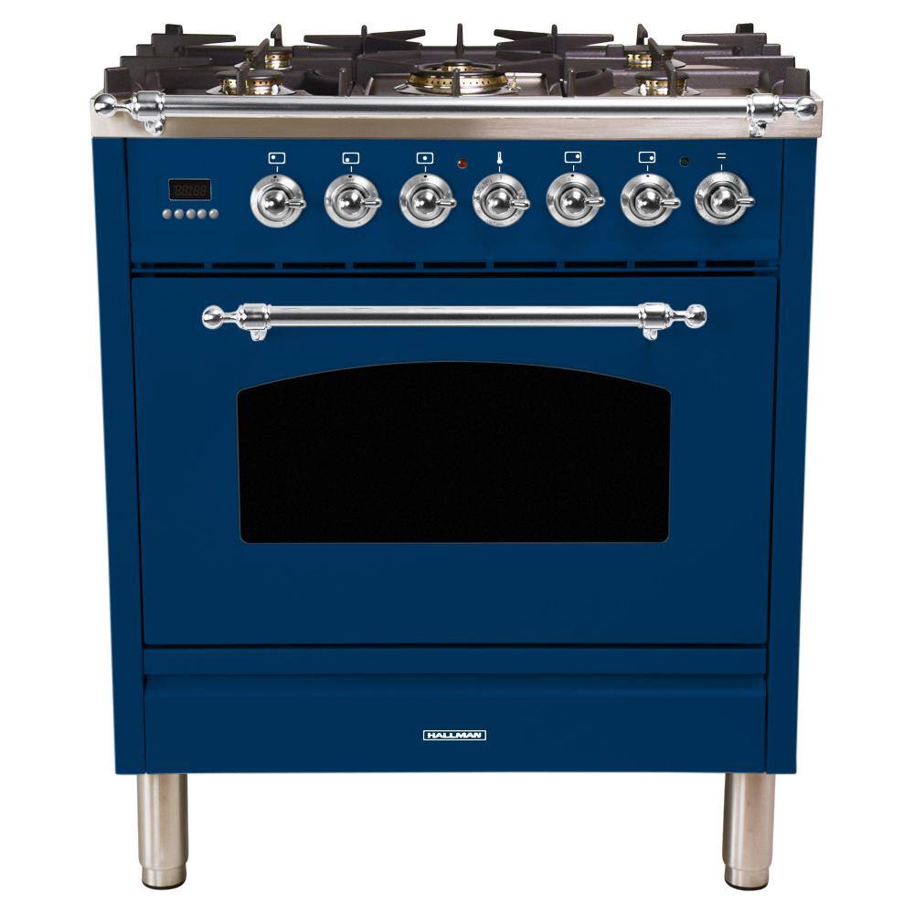 Hallman 30 in. 3.0 cu. ft. Single Oven Dual Fuel Italian Range with True Convection, 5 Burners, LP Gas, Chrome Trim in Blue
