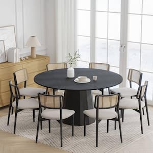 60 in. Natural Oak Wood Black Color Column Pedestal Round Kitchen Table Dining Table Seats 6