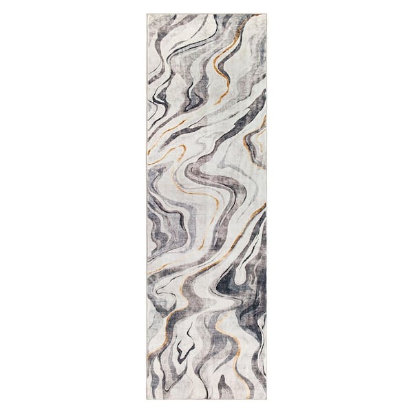 Contemporary Marble Washable Non Slip Gray 2 ft. x 8 ft. Runner Rug