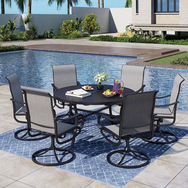 PHI VILLA Black 7-Piece Metal Outdoor Dining Set with Round Table and Textilene Swivel Chairs