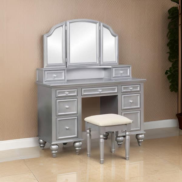 Benjara 2-Piece Silver and Beige Makeup Vanity Set with 3-Sided Mirror