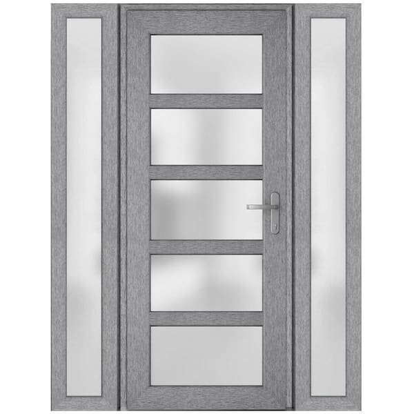 VDOMDOORS 64 in. x 80 in. Left-Hand/Inswing 2 Sidelights Frosted Glass Grey Ash Steel Prehung Front Door with Hardware