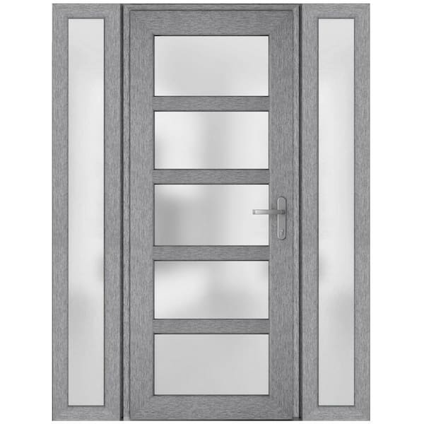 VDOMDOORS 68 in. x 80 in. Left-Hand/Inswing 2 Sidelights Frosted Glass Grey Ash Steel Prehung Front Door with Hardware