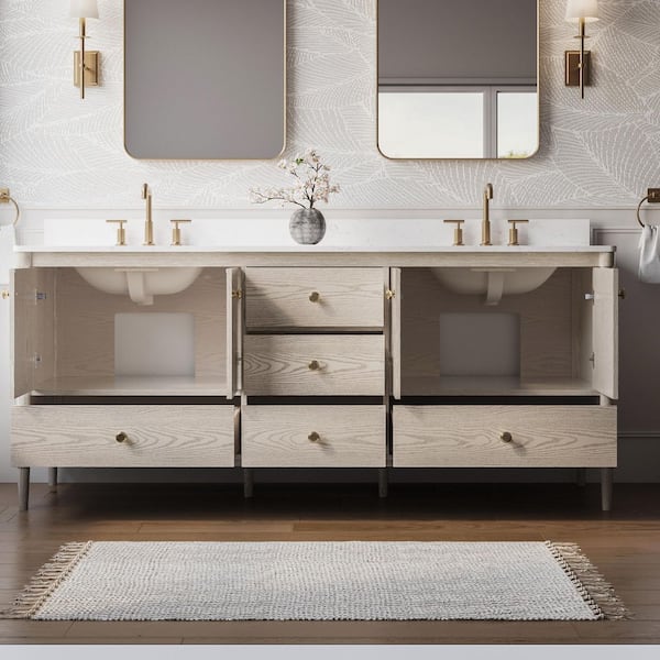 ETHAN 80 in. W Freestanding Solid Wood Bath Vanity in Oak with White Quartz Top, Soft Close, Assembled