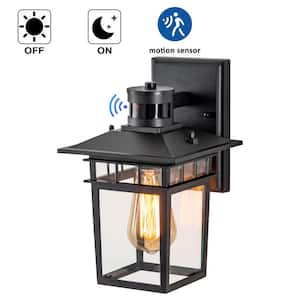 1-Light Matte Black Motion Sensing Dusk to Dawn Not-Solar Outdoor Wall Lantern Sconce with Clear Tempered Glass