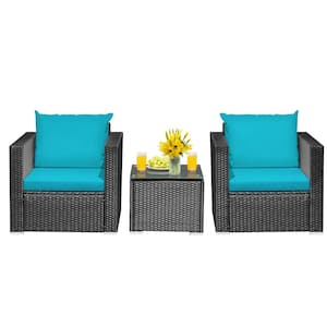 3-Piece Wicker Patio Conversation Set with Tempered Glass Table Top and Turquoise Cushion