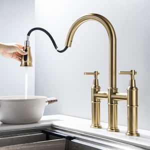 High Arch Double Handle Bridge Kitchen Faucet with Pull Down Sprayer in Brushed Gold