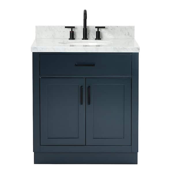 Hepburn 30 in. Single Sink Freestanding Bathroom Vanity in Midnight Blue with Carrara White Marble Top