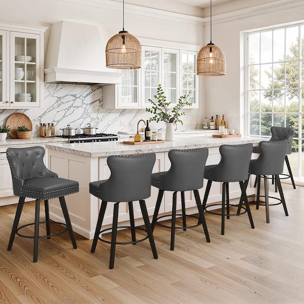 27 in. Counter Stool Dark Gray Faux Leather Upholstered Button Tufted Swivel Bar Stool with Wood Frame Set of 6