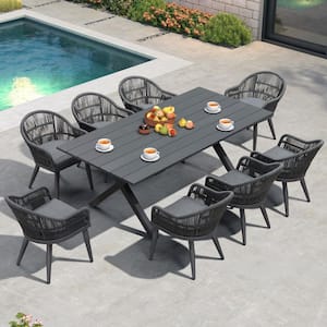 9-Piece Aluminum All-Weather PE Rattan Rectangular Outdoor Dining Set with Cushion, Grey