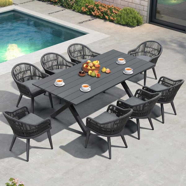 9-Piece Aluminum All-Weather PE Rattan Rectangular Outdoor Dining Set with Cushion, Grey