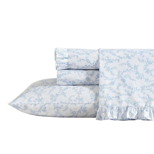 Laura Ashley Victoria 3-Piece Blue Beige White 100% Cotton Twin XL Sheet Set
