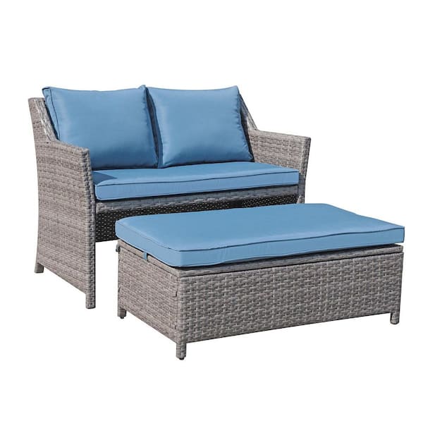 Freestyle Gray 2-Piece Wicker Patio Conversation Sectional Set with Storage Ottoman, Navy Blue Cushion