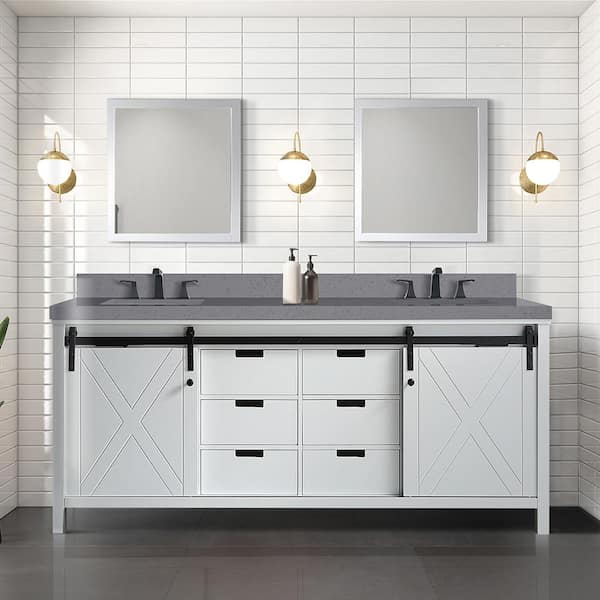 Marsyas 80 in W x 22 in D White Double Bath Vanity, Grey Quartz Countertop and 30 in Mirrors