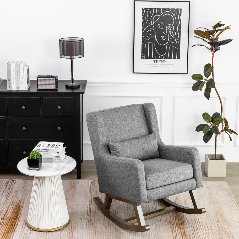 Gray Rocking Chair, Linen Upholstered Chair Rocker with Sturdy Wood Frame, 