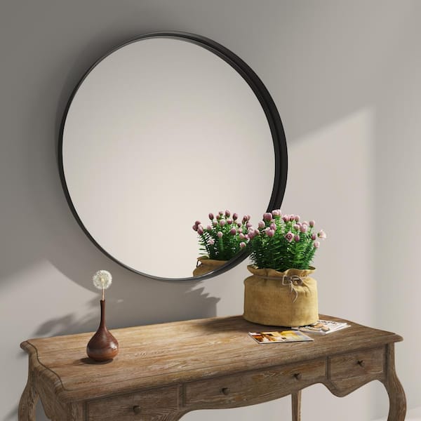 Round Beveled Wall Mirror with Galvanized Metal Frame