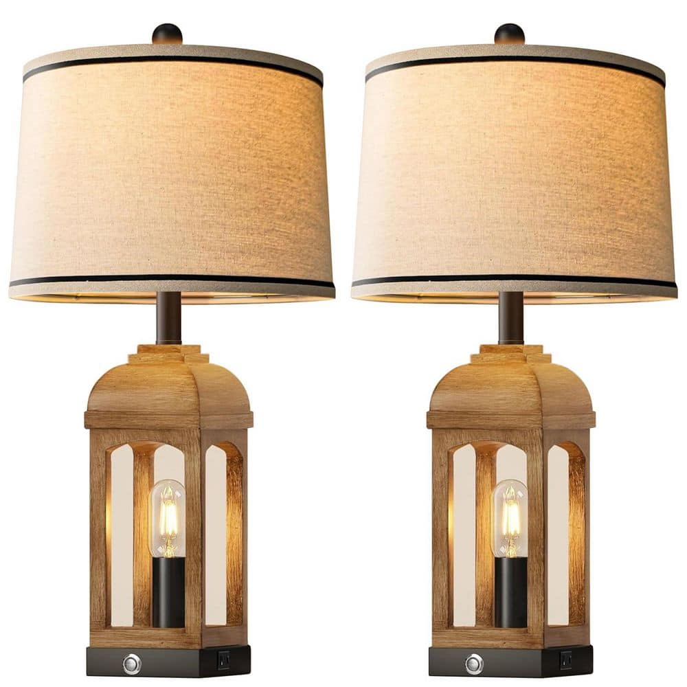 Rottogoon 26 in. Wood Grain Resin Table Lamp for Living Room