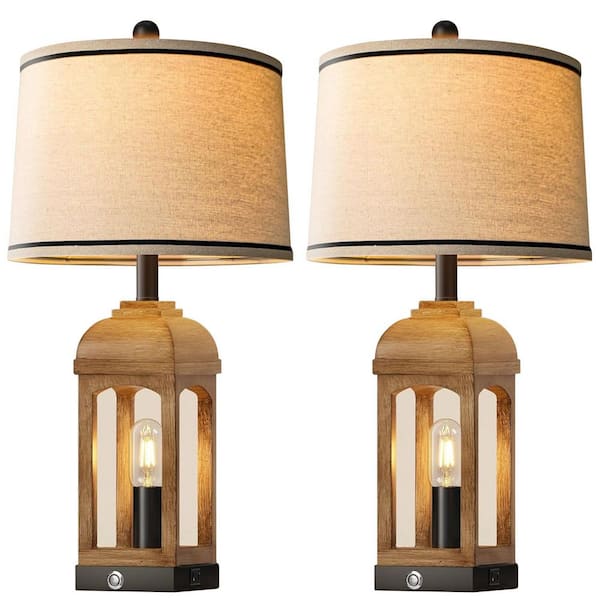 26 in. Wood Grain Resin Table Lamp for Living Room, Farmhouse Lamps Set of 2 with USB and Nightlight, 3-Way dimmable